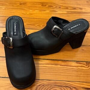 Candie’s Black Leather Platform Clog Mules Silver Buckle Size 9